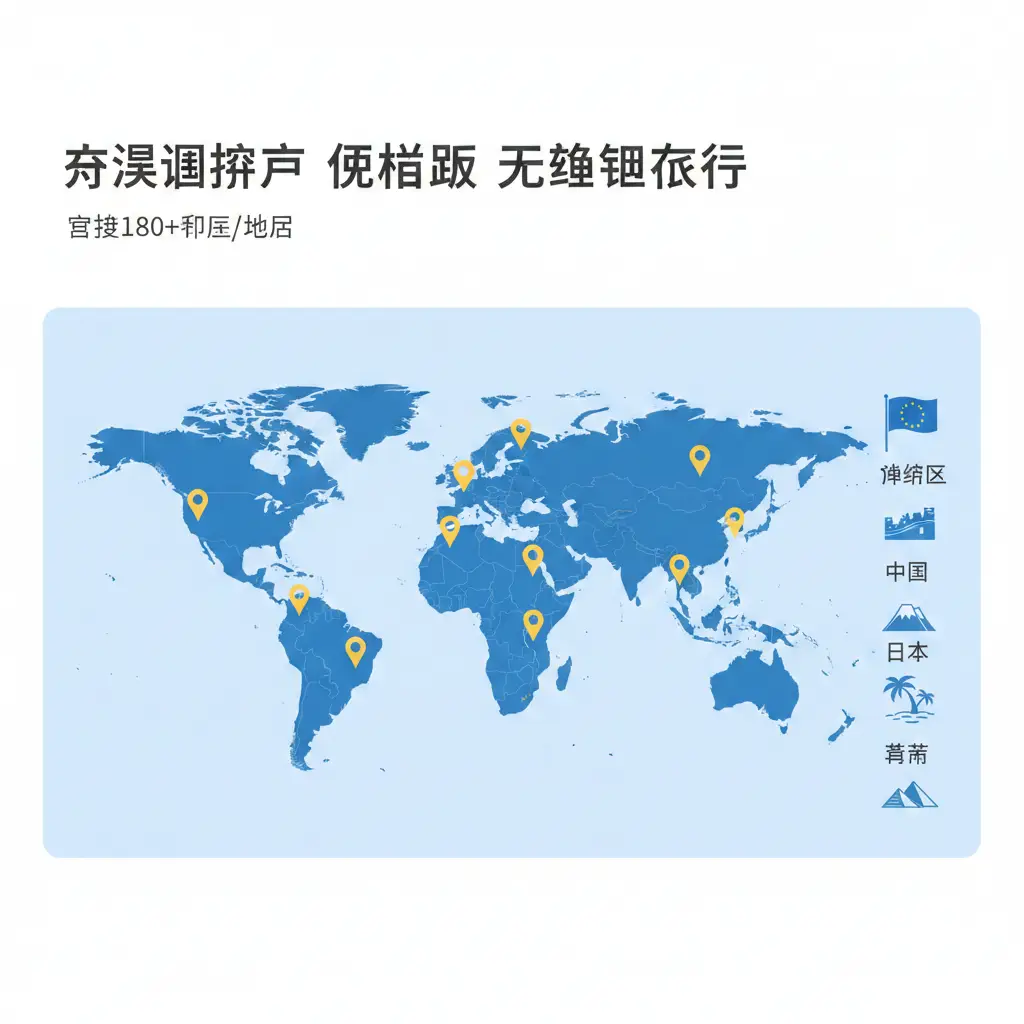 展示阿联酋护照免签功能特性的概念图。画面采用扁平化设计风格，以一张简洁的蓝色世界地图为背景，地图上散布着代表免签国家的金色定位图钉。旁边排列着精致的图标，分别代表申根区（欧盟旗帜）、中国（长城）、日本（富士山）等热门目的地。色彩明快且具有专业感，展现出180多个免签目的地的覆盖广度，传达出‘无缝旅行’的视觉核心。