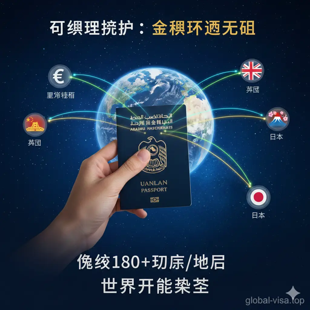 展示阿联酋护照全球通行自由的功能图。画面中心是阿联酋护照被一只手持着，从护照中发射出多条彩色光线或线条，连接着一个带有全球地图的地球仪。线条应清晰指向欧洲申根区、英国、亚洲主要国家（如中国、日本）的图标。色彩明亮，以蓝色和绿色为主，象征全球通行和自由。构图强调连接性和广度，突出'免签180+国家'的核心卖点，体现其作为'万能钥匙'的价值。