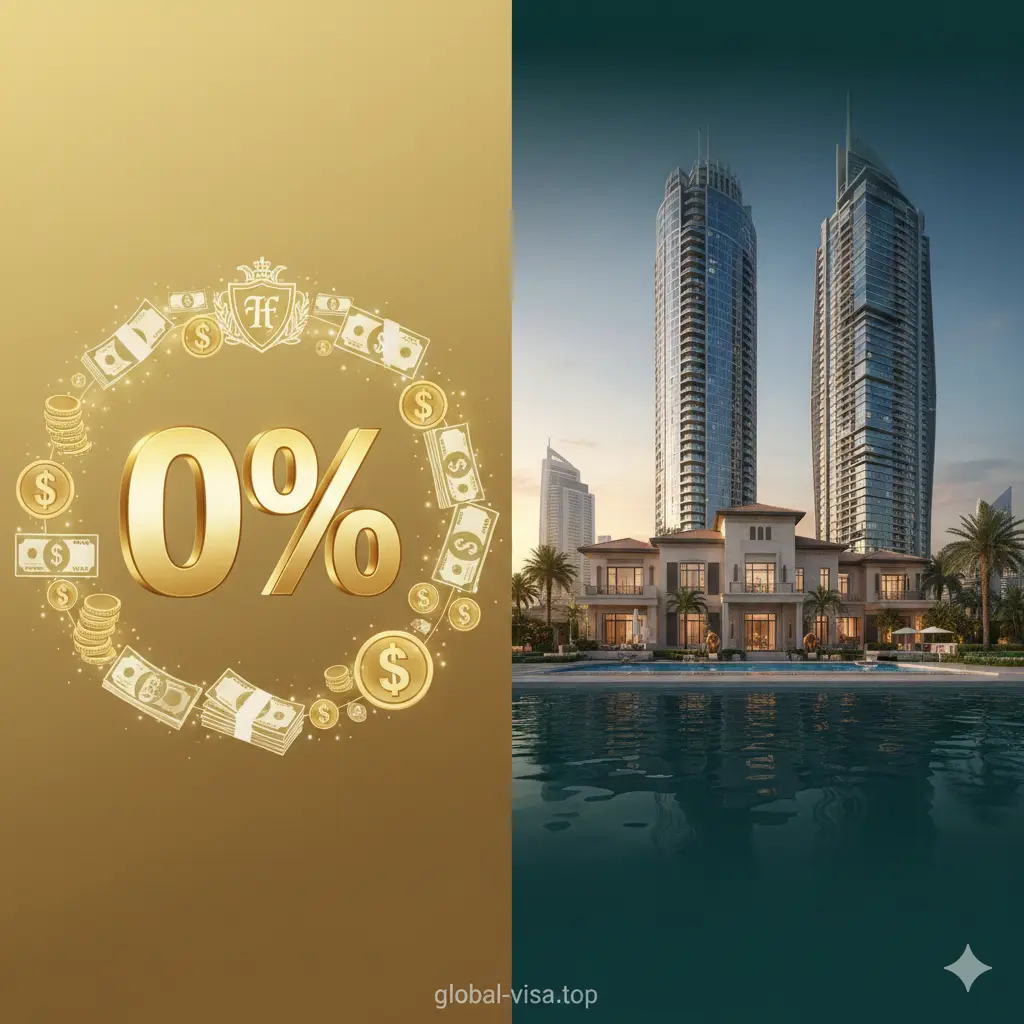 突显阿联酋护照税务优势的图片。画面左侧是一个醒目的'0%'标志，旁边是钱币、钞票或家族财富的抽象图形，表达'零税收'的概念。右侧是迪拜/阿布扎比的豪华别墅或金融中心大楼，代表稳定和财富保护。色彩偏向金黄和深绿，象征财富和安全。构图对比鲜明，左侧的零税收标签应有强大的视觉冲击力，强调'零个人所得税'和'资产保护'的核心优势。