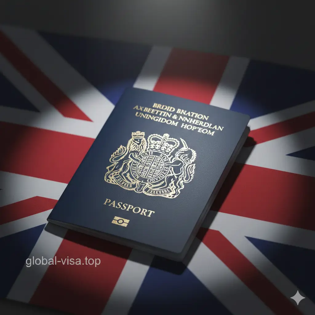 一张富有象征意义的概念摄影图，将深蓝色英国护照优雅地置于一面部分展开的米字旗（Union Jack）之上。光线采用戏剧性的聚光灯效果，重点照亮护照封面的金色文字，使其与旗帜的红白蓝三色形成强烈的视觉呼应。这种构图传达出脱欧后国家身份回归的象征意义以及新版护照的主权优势。画面氛围庄重、爱国，适合用于强调护照含金量和独特性的板块。