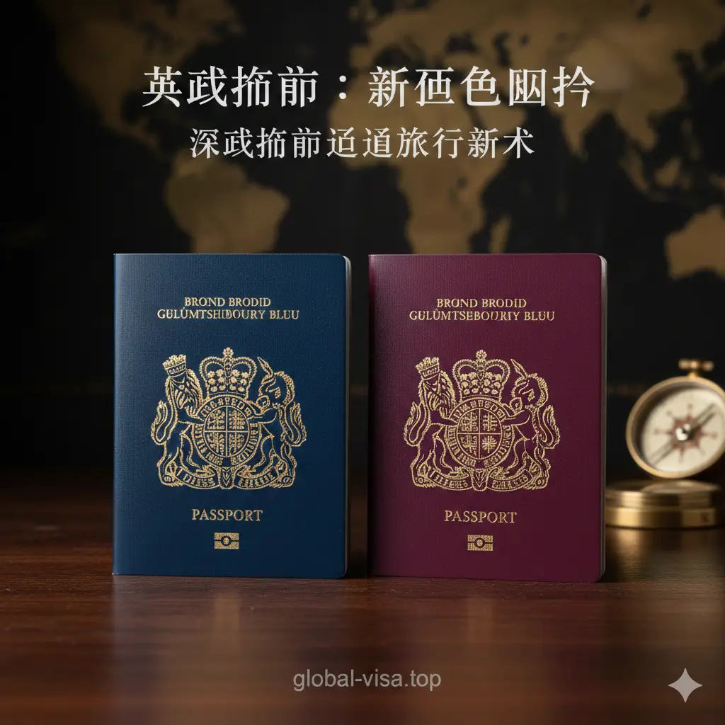 一张高分辨率的演播室摄影图，展示新的深蓝色（Bloomsbury Blue）英国护照与旧版酒红色护照并排放在一张抛光的深色橡木桌上。柔和的侧光突出了封面上的金色皇家徽章压纹，使其在深色背景下熠熠生辉。背景模糊处理，隐约可见一张复古世界地图和黄铜指南针，象征着国际旅行的历史变迁。整体色调稳重、专业且具有权威感，视觉焦点集中在两种护照颜色的鲜明对比上，非常适合作为文章封面。