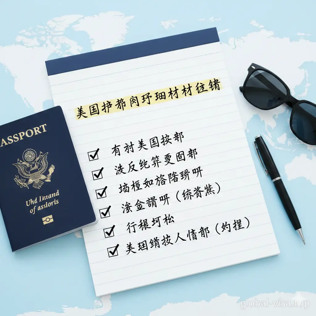 一张具有总结性质的清单风格图片。画面采用记事本或平板电脑的质感，列出了入境英国所需的关键证明材料，如回程机票、住宿证明和资金证明。旁边放着一本美国护照和一副太阳镜，象征着准备工作已经就绪。色调明亮清新，作为文章末尾的总结，给读者一种万事俱备、安心出发的视觉暗示。