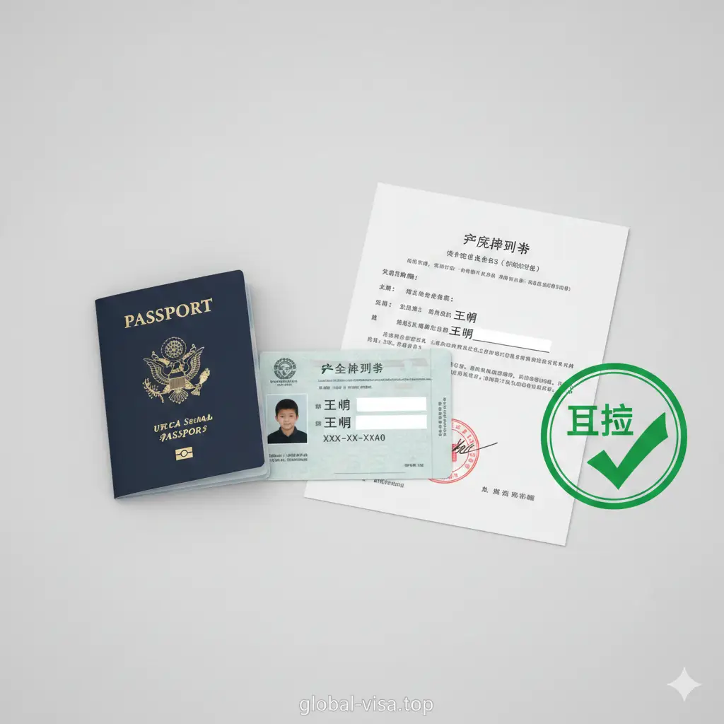 展示成功改名后文件统一的成果图。画面展示了一套完整的儿童身份文件组合：一本印有新名字的美国护照、一张更新后的社会安全卡（SSN）以及经过认证的法院改名判决书副本。文件旁有一个绿色的勾选标记或'Approved'印章元素，背景为柔和的浅灰色，象征着身份一致性带来的便利与安心，直观展示文章解决方案带来的核心优势。