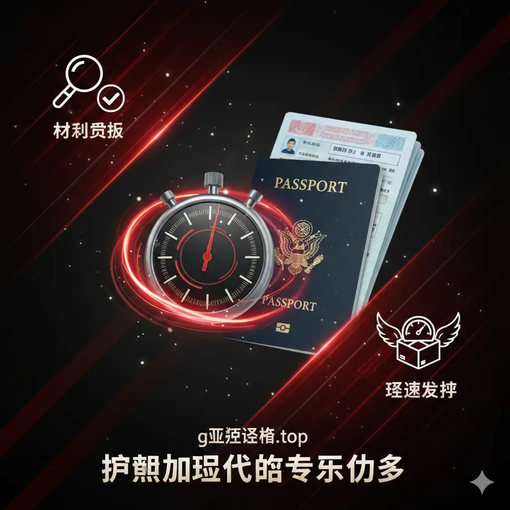 体现global-visa.top的加急代办优势。画面展现一个充满动感的计时器或时钟元素,与一本办理中的护照并置,背景是象征速度的虚化光影。色彩以醒目的红色和深沉的黑色为主,对比强烈,强调‘快速、高效’。构图上采用对角线分割,左侧为严谨的审核图标,右侧为飞速交付的快递盒,展示出平台解决急难问题的专业能力。