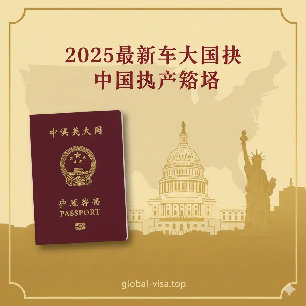 这张图片作为文章封面，采用高端大气的合成构图。画面左侧展现一本深红色的中国护照原件，右侧结合美国标志性建筑（如国会大厦或纽约天际线）的剪影，背景融入微弱的美国地图底纹。色彩以中国红和典雅的金黄色为主调，光影柔和。画面中央上方使用醒目的中文字体标注‘2025最新在美国换中国护照攻略’，整体风格专业、权威，符合global-visa.top的品牌形象。