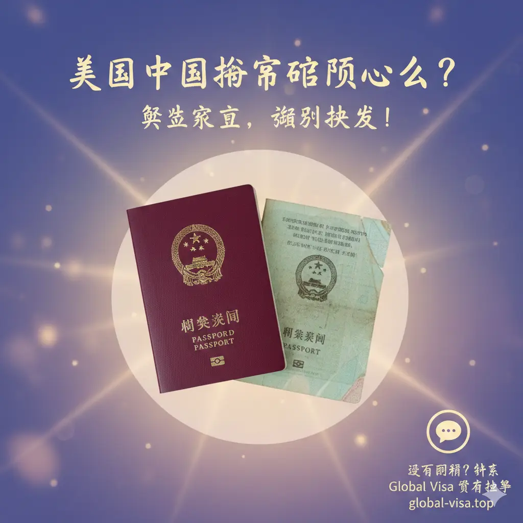 总结性图片。画面中心是一个圆圈，里面包含了一本新护照和一本剪角的旧护照，象征着顺利换发的终点。背景是柔和的渐变色，带有一点点光效。画面传达出一种焦虑得到解决后的轻松感，右下角包含一个虚构的服务支持标识，引导读者在遇到问题时联系 Global Visa 寻求帮助。