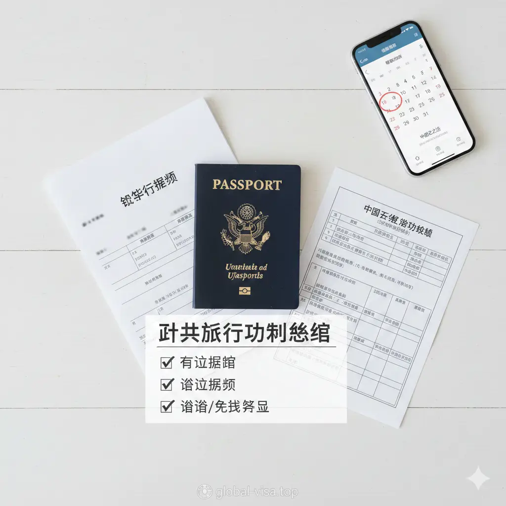 一张俯拍的（Flat-lay）桌面静物摄影图，象征旅行前的最后准备和总结。白色的桌面上整齐摆放着一本打开的美国护照、一份打印好的机票行程单、一张填写的COVA签证申请表格（文字虚化处理），以及一部显示日历行程的智能手机。光线明亮自然，给人一种井井有条、准备就绪的感觉，呼应文章结尾关于材料准备和合规入境的总结建议，提升用户的信任感。