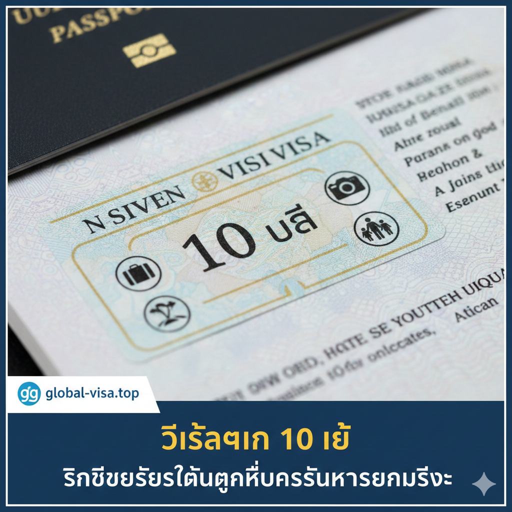 A visual representation of the benefits of a 10-year multiple-entry visa. The image shows a close-up of a visa sticker with '10 Years' clearly marked, surrounded by icons of a business suitcase, a camera for tourism, and a family silhouette for reunions.