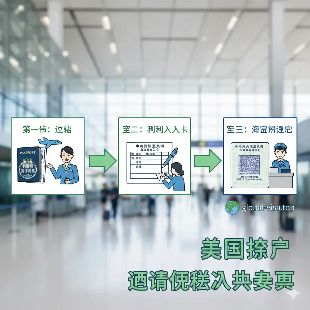 一张清晰的申请流程教程示意图。画面展示了从美国护照持有者在机场值机、填写入境卡、到在海关柜台领取临时入境许可的三个步骤，以流程图的形式呈现。背景为现代机场航站楼的模糊空镜，前景是手绘风格的操作图标。色调明亮自然，使用大量绿色和蓝色表示顺利通关。构图清晰易懂，通过箭头指引用户理解如何利用过境免签政策进入中国。
