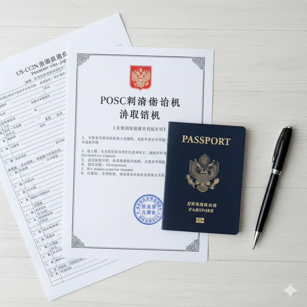 一张展示签证申请核心材料的平铺摄影图(Flat lay)。画面中心是一份打印清晰的'Russian Tourist Voucher'(俄罗斯旅游邀请函),上面盖有蓝色的官方印章。文件旁边放着一本打开的美国护照,显示出照片页,以及一支钢笔和一份填写了一半的签证申请表。光线柔和明亮,背景为简洁的白色或浅灰色木纹桌面,强调申请材料的规范性和专业性,视觉上引导用户关注'邀请函'这一关键文件。