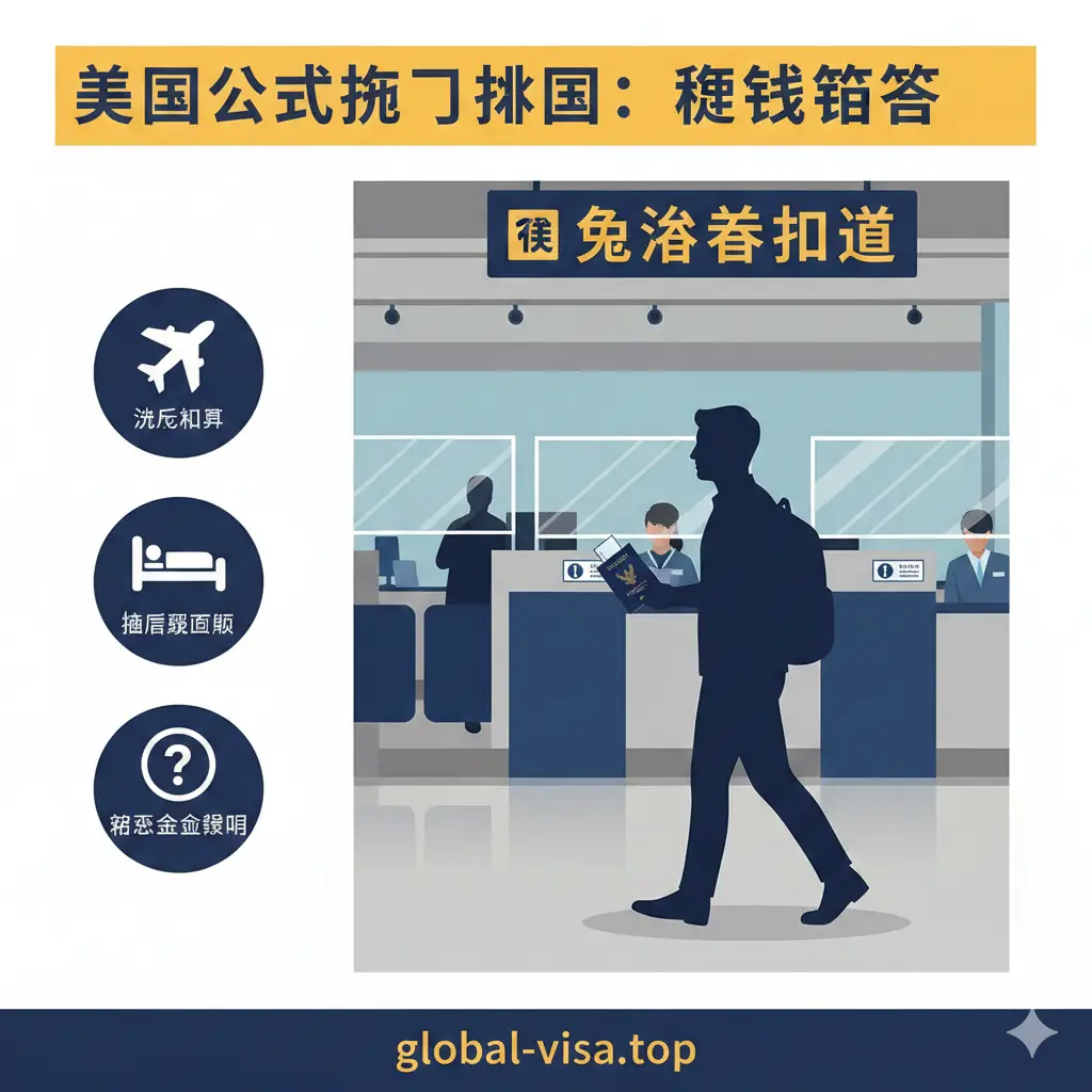 一张详尽的入境流程教学图片。展示一名游客持美国护照走过整洁的泰国机场海关柜台的剪影。柜台上方有‘Visa Exemption’的指示牌。