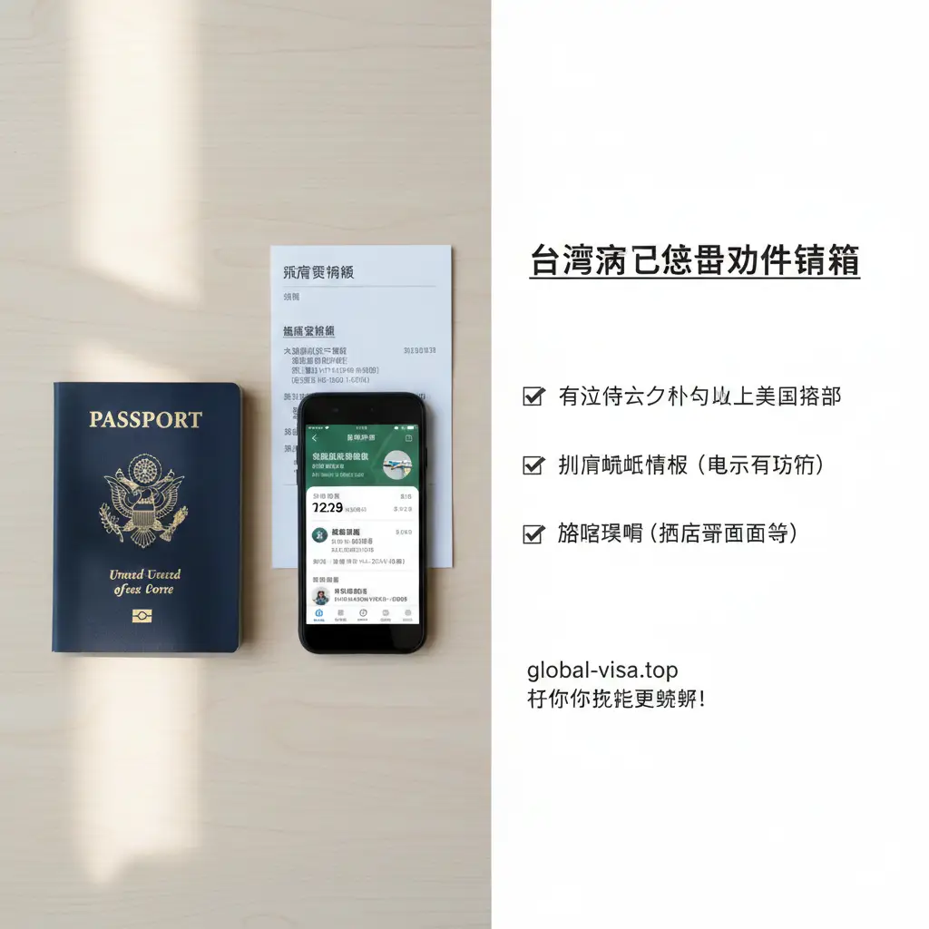 一张详细的教程指导图。在一个极简主义的桌面上，整齐排列着必备物品：一本美国护照、一张显示离境航班信息的智能手机屏幕、以及一份打印好的酒店确认单。构图采用俯视视角（Flat Lay），光线自然柔和。画面右侧留白处具有清单（Checklist）感，强调入境台湾所需的材料准备流程，引导读者按图索骥。