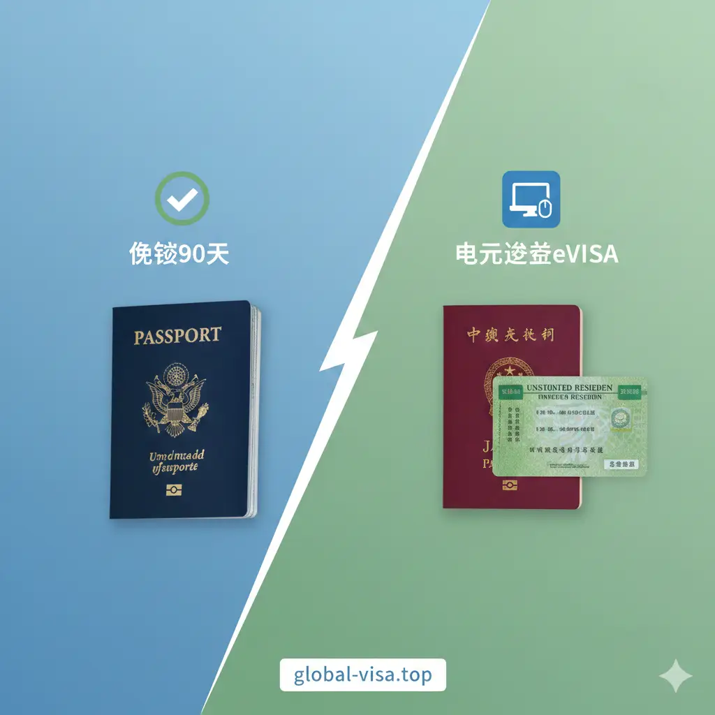 对比风格的创意设计图。画面分为左右两部分：左侧为蓝色的美国护照，配上‘免签90天’的绿色对勾图标；右侧为中国护照与绿卡的组合，配上‘电子签证eVISA’的申报图标。中间使用简洁的线条分隔，背景色调柔和，能够让读者迅速理解不同身份持有人在‘美国护照去日本’政策下的差异与优势。