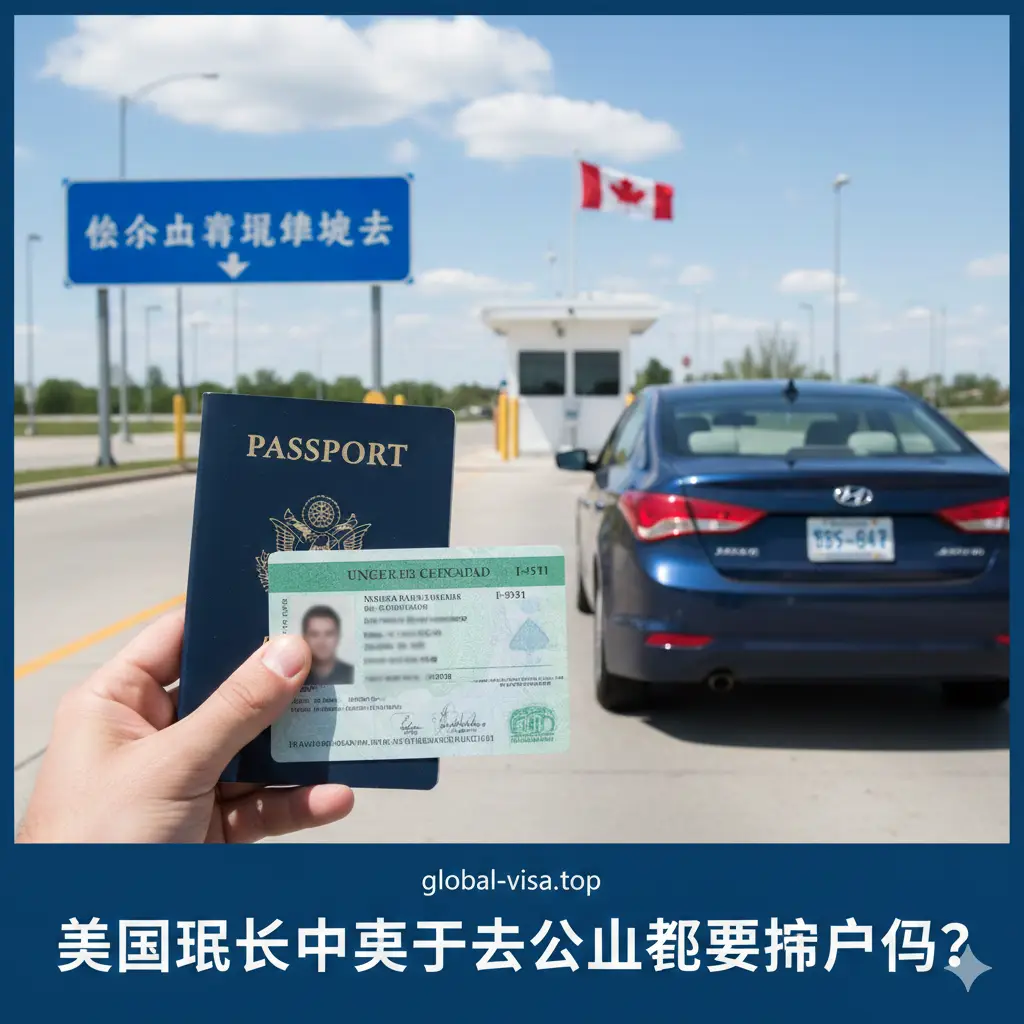 一张高质量的写实风格封面图,展示了一辆现代轿车正缓缓驶向美国与加拿大的陆路边境检查站。前景中,一只手清晰地同时握着一张美国绿卡(I-551)和一本通用的深色护照,背景是蓝天白云下的加拿大边境关口和枫叶旗帜。构图强调‘证件’与‘过关’的关联,光线明亮自然,色调以象征信任的蓝色和绿色为主,符合专业签证资讯网站的权威形象。