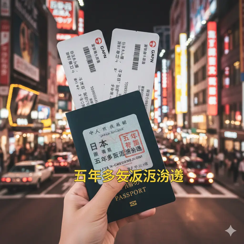 一张展示五年多次往返签证优势的视觉图。画面呈现一个手持多张日本登机牌和日本签证页的特写，背景是繁华的东京银座街头夜景。构图聚焦在‘5-Year Multiple Entry’的字样上。色彩丰富且饱和度高，体现出持绿卡申请日本签证的高成功率、长有效期和多次往返的便利性，充满诱惑力。