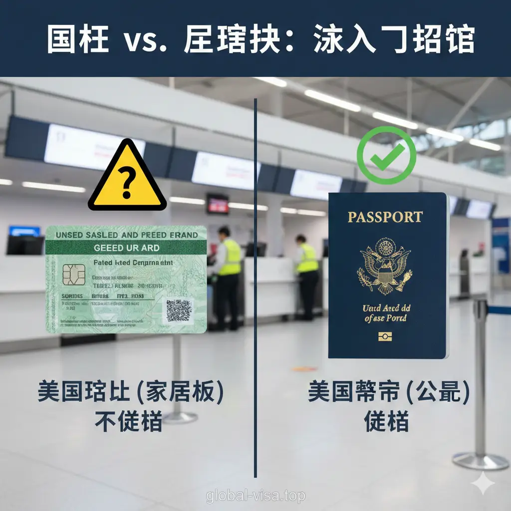 一张对比鲜明的总结性图片，用于区分国籍与居住权。画面左侧展示一张美国绿卡（永久居民卡），上方带有黄色的警示符号或问号；画面右侧展示一本美国护照，上方带有绿色的通行符号。背景是模糊的雷克雅未克凯夫拉维克机场航站楼。这张图直观地提醒用户：绿卡持有者不享受免签政策，只有持美国护照公民才免签，防止用户产生误解。
