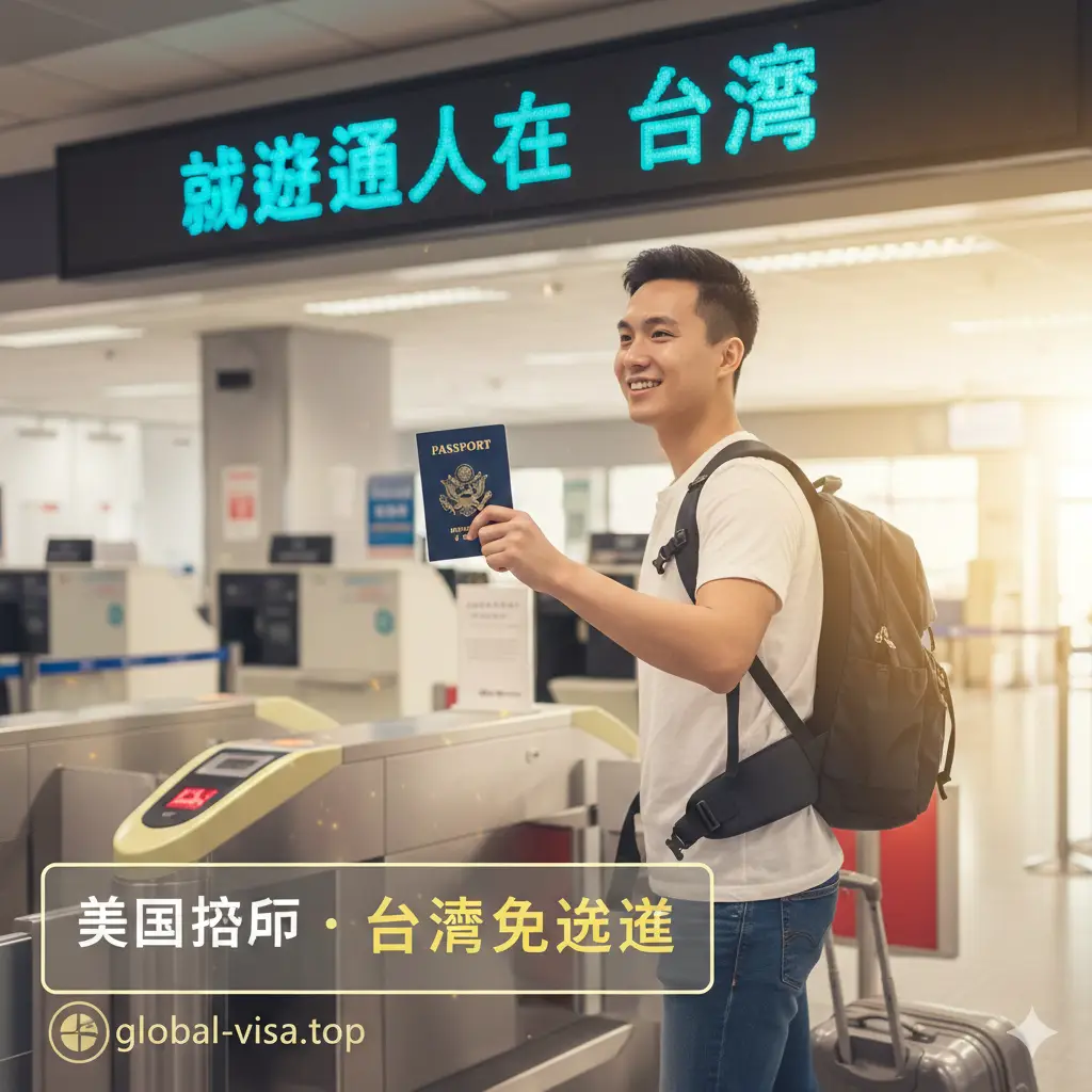 一张展现优势的视觉图。画面展示一名充满活力的旅客持护照在台湾桃园机场快捷通关的情景，移民局柜台背景带有‘Welcome to Taiwan’的字样。色调充满阳光和活力，强调免签证带来的‘无忧、快速、免费’的便利。构图捕捉动感瞬间，突出美国护照在台湾通关时的卓越优势和友好待遇。
