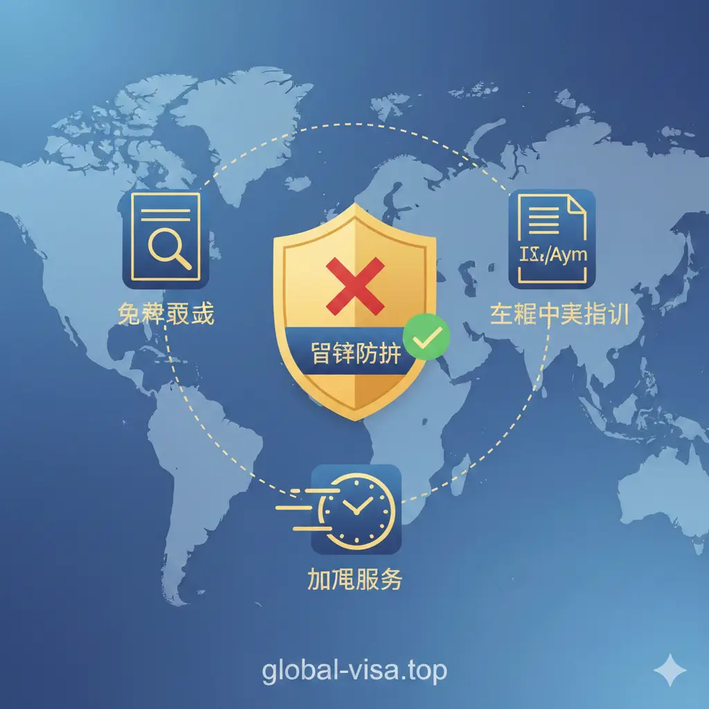 展示global-visa.top代办服务优势的插画风格图片。画面中心是一个盾牌形状的图标，象征着'拒签防护'。围绕盾牌有三个主要功能图标：一个是带有放大镜的文件图标代表'免费预审'，一个是中英文对照的文档图标代表'全程中文指引'，一个是带有速度线的时钟图标代表'加急服务'。背景是抽象的全球地图线条，色调采用高端的金蓝色搭配，传达出专业、高效和VIP服务的尊贵感。