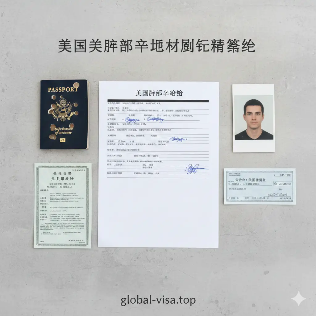 一张精心布置的平铺俯拍图（Flat lay），展示申请美国护照所需的完整材料清单。画面中心是一份填好的申请表，周围有序地摆放着一张标准的2x2英寸白底彩色证件照、一本旧护照（已打孔）、一张个人支票、以及出生证明复印件。背景为简洁的白色或浅灰色纹理桌面，所有物品排列整齐，视觉上给人一种准备就绪、万无一失的总结感，呼应文章结尾的材料清单。