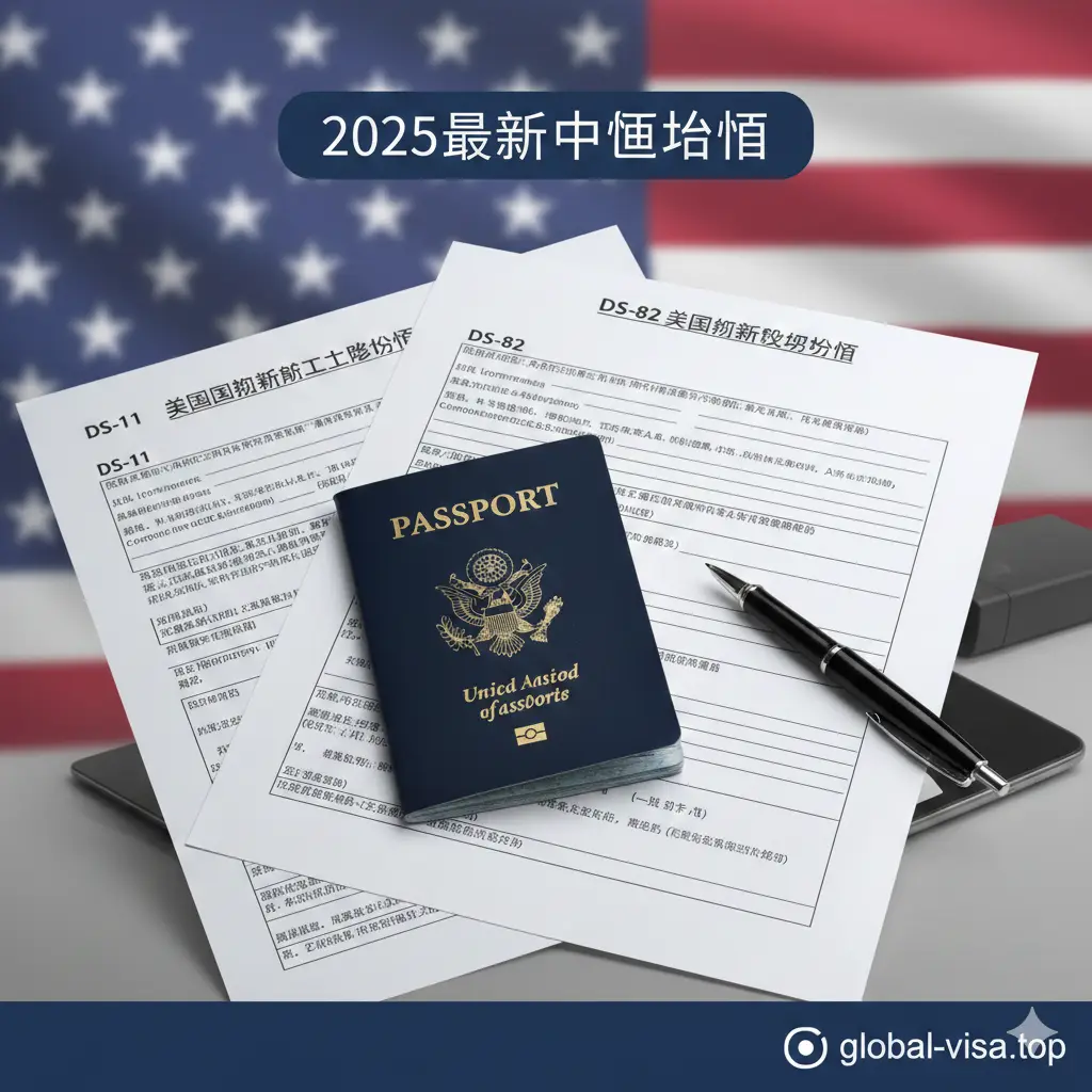 一张极具专业感的封面图片，背景采用淡雅的美国国旗纹理与办公桌面的融合。核心视觉元素是一本深蓝色的美国护照本（Passport Book）放置在打印清晰的DS-11和DS-82申请表之上。旁边摆放着一只黑色签字笔，暗示填写的规范性。画面上方留白处隐喻着'2025最新中文指南'的标题位置，整体色调为官方蓝、白、红配色，光线明亮柔和，传递出权威、清晰和值得信赖的global-visa.top品牌形象。