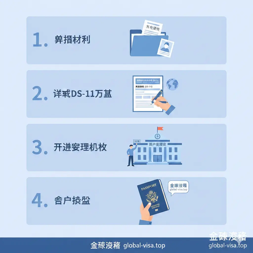 这张教程引导图采用了扁平化矢量插画风格,分步骤展示办理流程。画面依次呈现:准备材料(出生证明与照片)、填写DS-11表格、前往受理机构、最后获得护照。每一步都有明显的数字标识(1, 2, 3, 4),色调采用温馨且专业的浅蓝色系,构图具有极强的逻辑性和引导性,清晰地解答了用户关于‘美国护照生成’流程的疑惑。