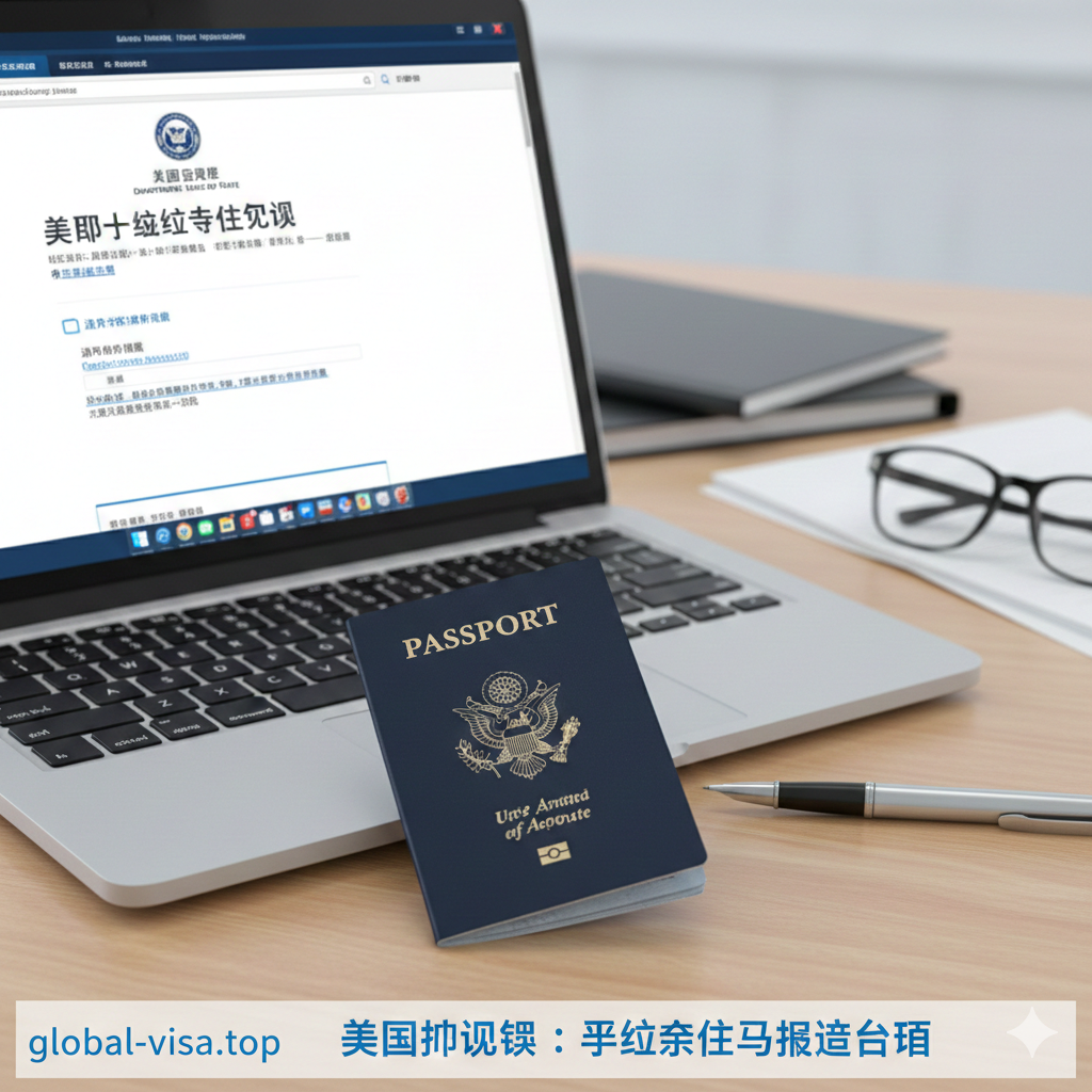一张专业的桌面俯拍图。画面中心是一本深蓝色的美国护照，旁边放着一台显示着美国国务院（Department of State）官方查询界面的笔记本电脑。桌面上还有一支钢笔和一副眼镜，营造出严谨、官方的办公氛围。光线明亮柔和，采用冷色调（蓝色和白色）为主，符合global-visa.top的专业签证资讯站点风格，作为文章封面图吸引读者。