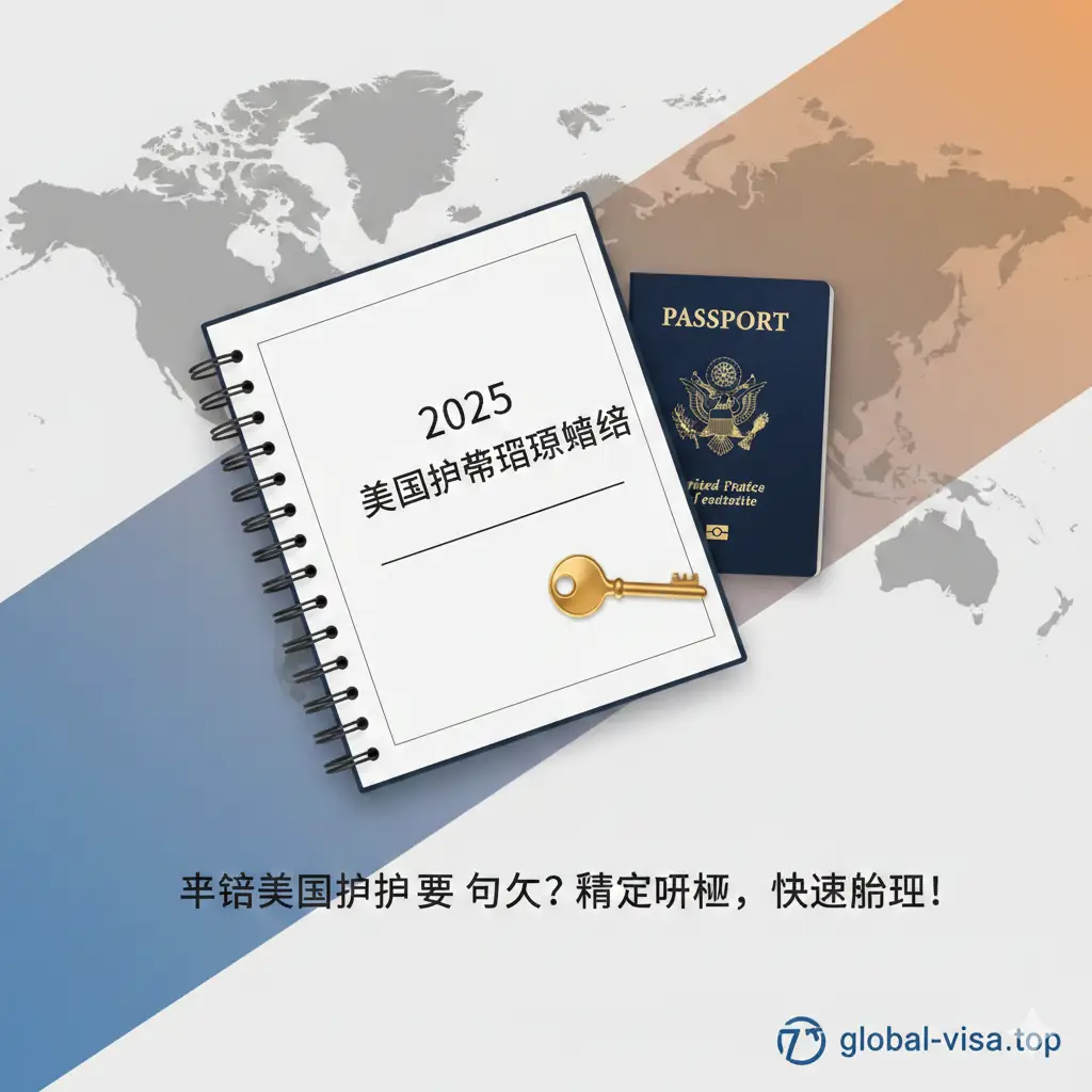 一张总结性质的图片，背景是一张世界地图的淡化底纹。画面中央是一个精致的记事本，上面写着‘2025美国护照指南总结’。记事本旁边放着一把钥匙和一本护照，象征着开启旅行的大门。色调温暖且充满希望，使用柔和的橙色和蓝色。构图采用对角线式，右下角留有品牌标识空间，传达出精准规划后成功获取护照的如释重负感。