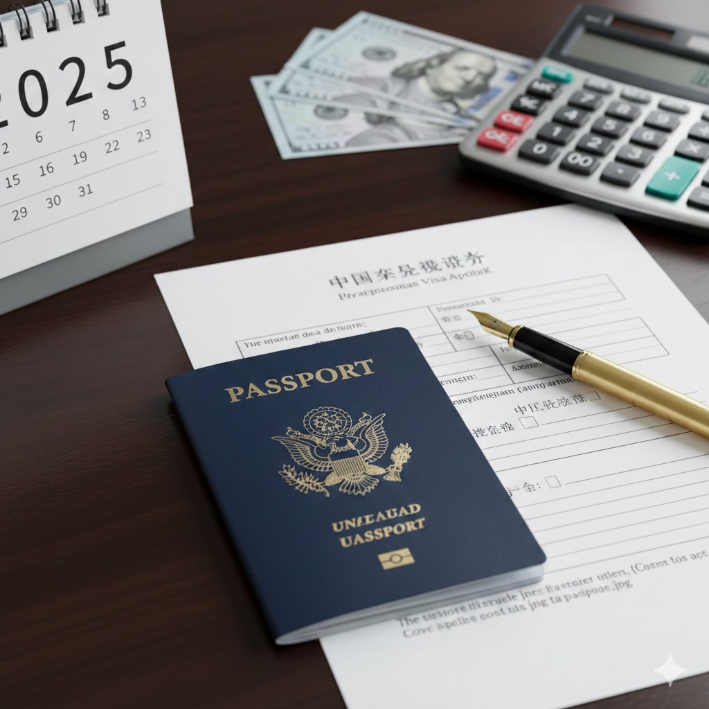 这是一个特写镜头的高清图片，展示了一本深蓝色的美国护照放置在深色木质办公桌上，旁边是一份填写好的中国签证申请表和一支高档钢笔。画面前景中有一个清晰的数字日历或台历显示年份“2025”，背景中巧妙地散落着几张美元纸币和一个计算器，视觉化地表达“签证费用”这一主题。光线柔和且具有商务感，色彩以深蓝、白色和金色为主，营造出权威、官方且信息量丰富的氛围，完美契合文章的封面需求。