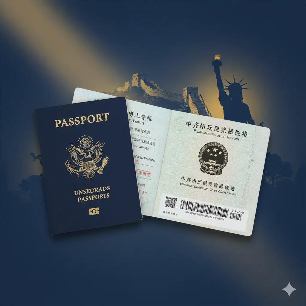 一张高质量的封面图片，画面左侧是一本深蓝色的美国护照，右侧是带有中国国徽图案的签证页。背景结合了长城和纽约自由女神像的剪影，象征中美跨境旅行。整体色调为深蓝色和金黄色，光影柔和。构图采用对角线分布，中心位置预留部分空白以适应标题文字，展现权威、专业的国际旅行签证氛围。