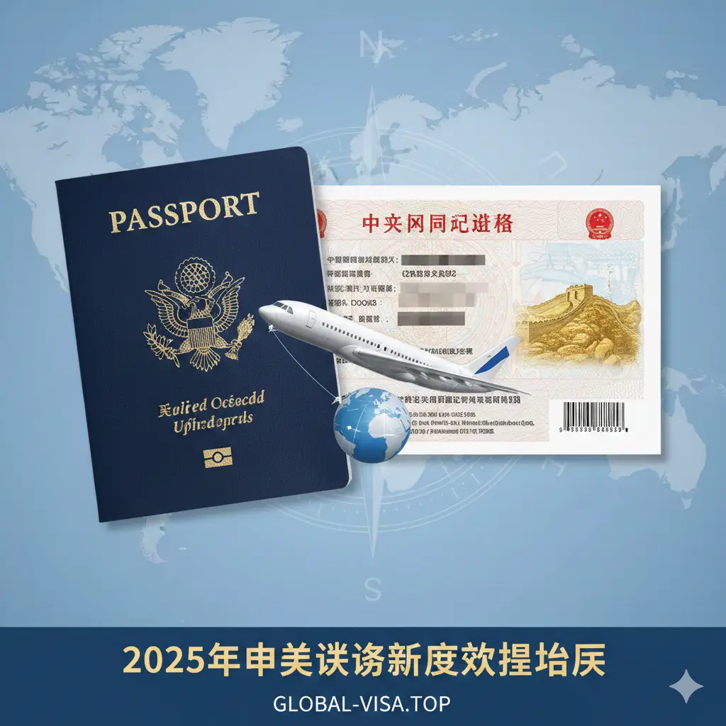 一张高质量的封面图。画面左侧是一本深蓝色的美国护照,右侧是带有长城水印背景的中国签证页,中心位置点缀着一架正在飞行的商用客机,象征中美航线的畅通。背景采用淡雅的地图底纹,色调以商务蓝和温暖的金色为主,整体构图平衡,视觉中心突出,传达出2025年最新政策下专业、权威的办证指南氛围。