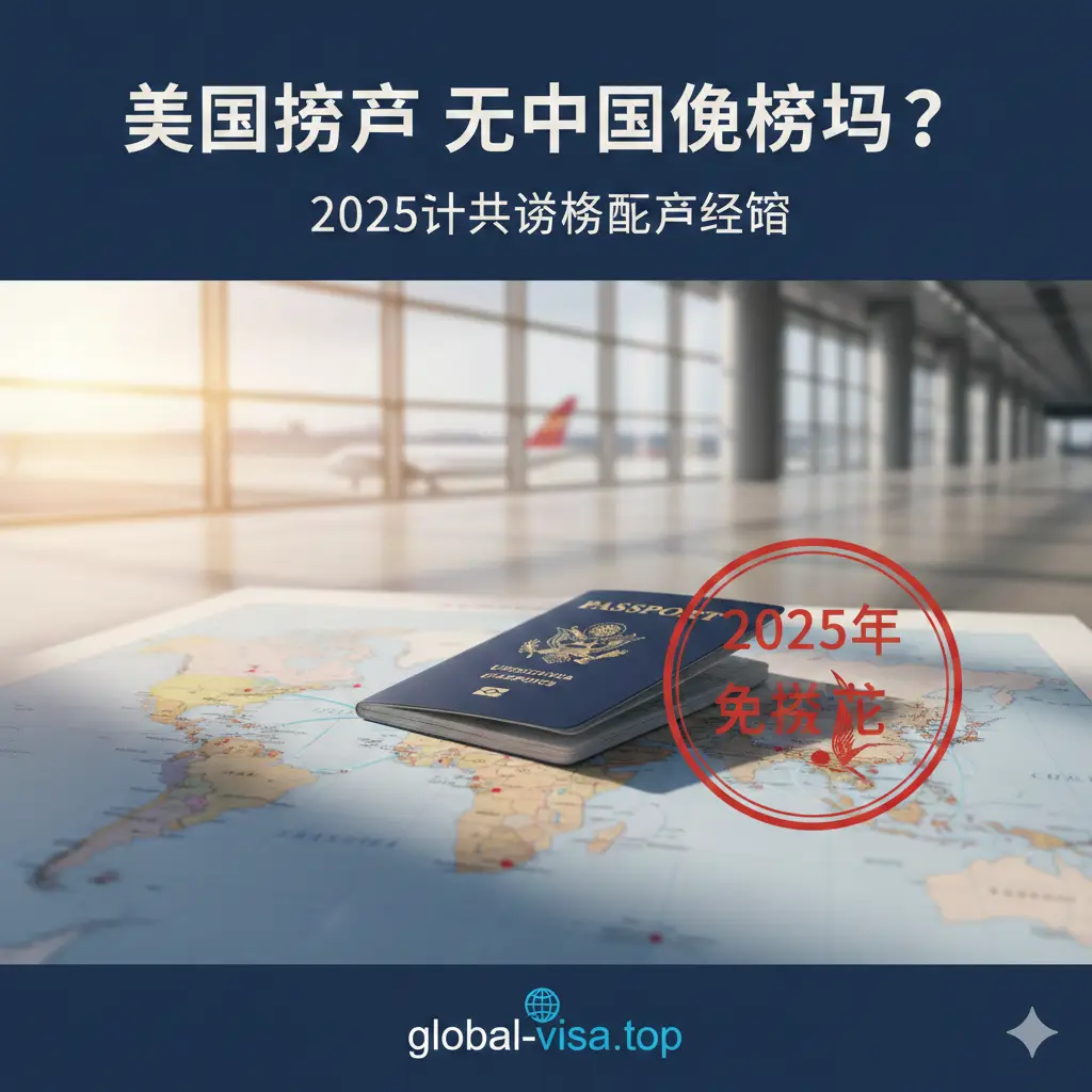 一张高质量的商务旅行概念图，展示一本深蓝色的美国护照放置在一张展开的世界地图上，焦点聚集在中国区域（特别是北京、上海等口岸）。背景是模糊的国际机场航站楼落地窗，透进温暖的阳光，象征着2025年国际旅行的复苏。画面中巧妙融入'2025 Policy'或签证印章的视觉元素，色调以专业的深蓝、白色和红色点缀为主，体现global-visa.top的专业签证服务形象，吸引计划赴华的美国公民点击。