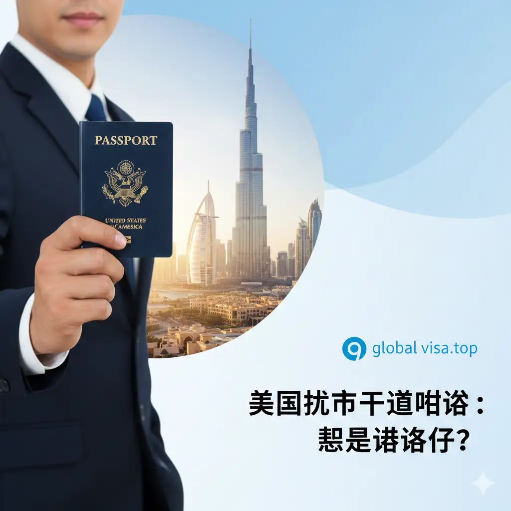 一张大气且具有视觉冲击力的封面图。画面左侧近景是一位自信的商务旅行者手持深蓝色美国护照，护照封面的金色国徽清晰可见；背景是迪拜标志性的天际线，包含宏伟的哈利法塔和帆船酒店。阳光明媚的蓝天，暖色调的沙漠光泽与现代建筑相融合。构图采用三分法，右侧留白处具有global-visa.top品牌的专业质感，色调清新、专业且富有吸引力。