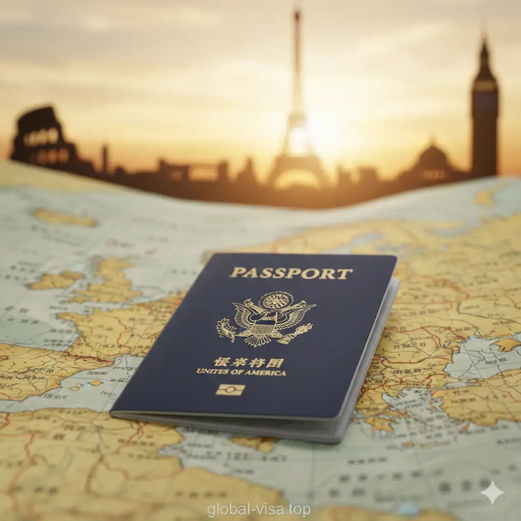 一张极具吸引力的高清旅行摄影图，前景清晰展示一本深蓝色的美国护照放置在一张做旧的复古欧洲地图上。背景采用大光圈虚化处理，隐约可见埃菲尔铁塔、罗马斗兽场等欧洲标志性建筑的轮廓。光线采用温暖的日落金光，营造出充满希望和期待的旅行氛围。色彩以护照的深蓝与背景的暖黄色调形成对比，构图中心聚焦于护照封面，直观传达美国公民前往欧洲旅行的主题。