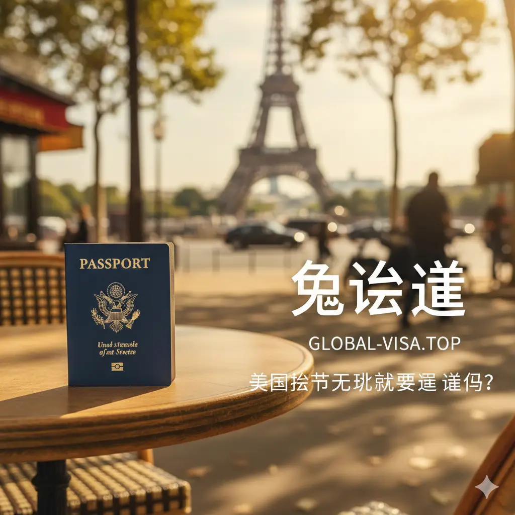 一张具有电影感的高质量封面图。左侧近景展示一本清晰的蓝色美国护照，放置在巴黎咖啡馆的木质桌面上。背景是虚化的埃菲尔铁塔和巴黎街道。阳光明媚，色彩饱和度高，充满了奢华旅行的氛围。画面构图遵循三分法，右侧留白处隐约可见‘Visa Free’字样，体现美国护照去法国免签的主题，整体风格专业且吸引人。