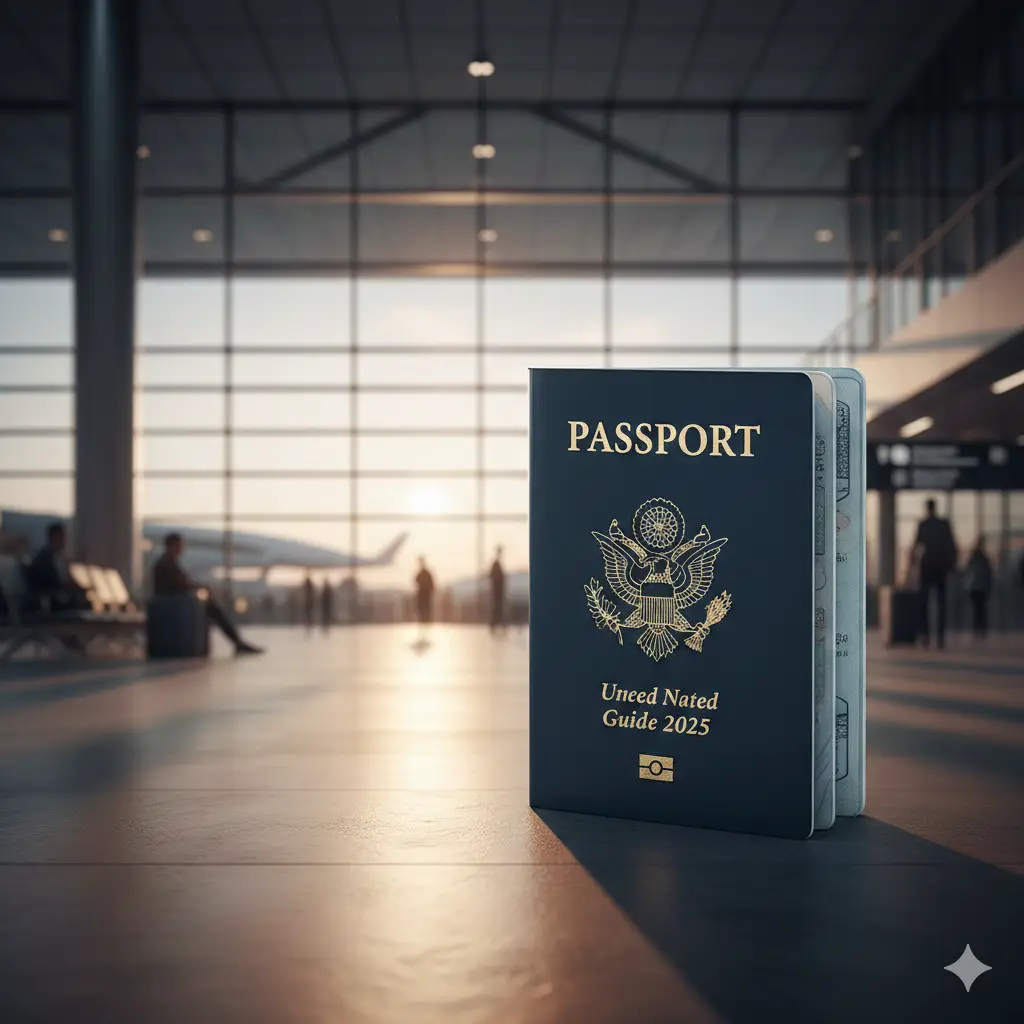 一张高质量、专业感十足的封面图。画面中心是一本深蓝色的美国护照,带有精致的金边细节和鹰徽。背景是模糊的国际机场航站楼,阳光透过落地窗洒在护照上,营造出高端旅行的氛围。构图采用中心对称,色调以深蓝色、金色和温暖的阳光色为主,左侧留有空白位置适合叠加文字,展现Global Visa的专业性。