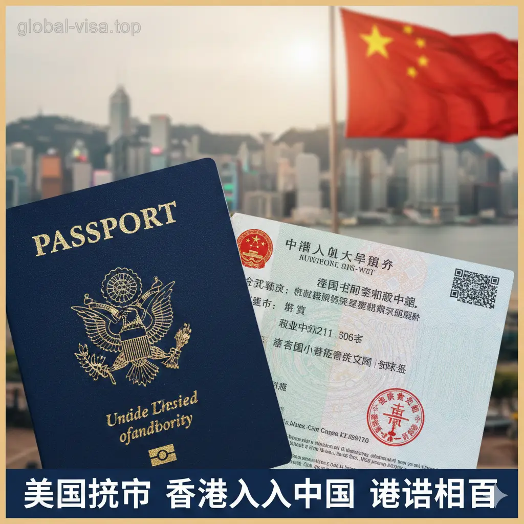 一张高质量的封面图片。构图中央是一本深蓝色的美国护照，旁边叠放着一张带有中国签证页的特写。背景虚化处理，隐约可见香港维多利亚港的天际线和中国国旗元素。色调温暖且专业，光影聚焦在护照金色的鹰徽上，体现出‘从香港入境中国’的旅行主题，整体风格大气、正式，极具商务旅行感。
