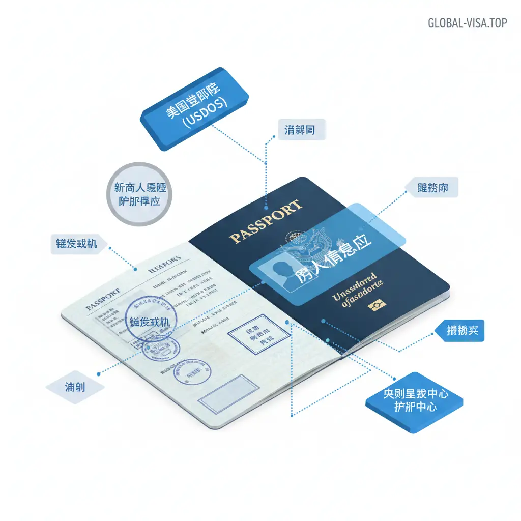 功能展示图。采用等距视角（Isometric）设计，展示一个放大的美国护照页面，周围环绕着不同的签发机构标签，如USDOS、New Orleans、Charleston等。每个标签由虚线连接到护照上的相应位置。色彩使用明亮的蓝色和白色，辅以商务灰。画面整洁、信息感强，通过可视化方式展示护照签发机构的多样性与对应关系。