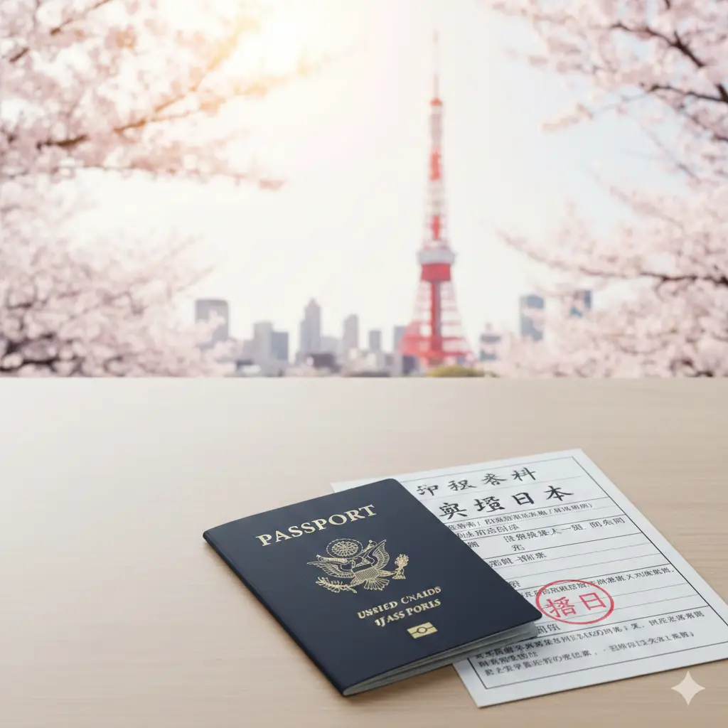 一张高质量的特写照片，展示一本深蓝色的美国护照放置在极简主义风格的桌面上，背景是模糊的东京铁塔或樱花背景。光线明亮且柔和，呈现出旅行的期待感。画面左侧留有空白处，整体色调以海军蓝和温暖的阳光色为主，构图精美，展现出‘美国护照入境日本’的商务与休闲结合的主题。
