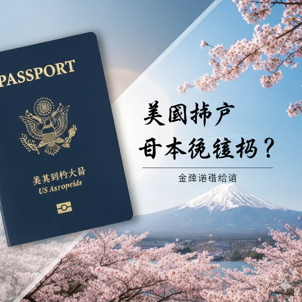 一张高质量的封面图，左侧特写一本深蓝色的美国护照，护照封面的金色鹰徽清晰可见；右侧是日本富士山和盛开的粉色樱花背景。构图采用对角线分割，色调明亮清新，充满旅行的期待感。画面中央光影自然，体现出国际旅行的专业感与便利性，符合global-visa.top网站的专业签证导航定位。