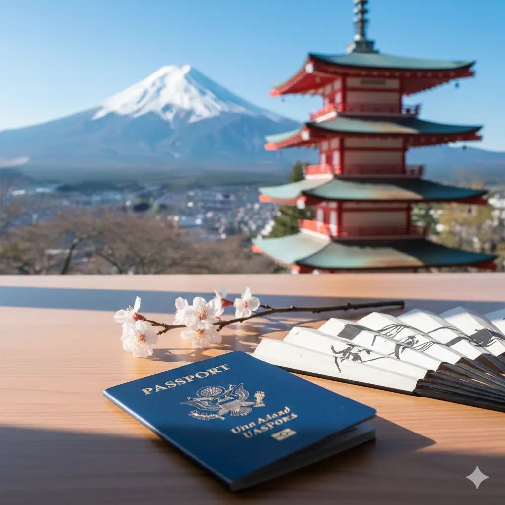 A high-quality cinematic shot featuring a blue United States passport placed on a clean wooden table next to a traditional Japanese folding fan and a small cherry blossom branch. In the blurred background, the iconic Mount Fuji and a red pagoda are visible under a clear blue sky.
