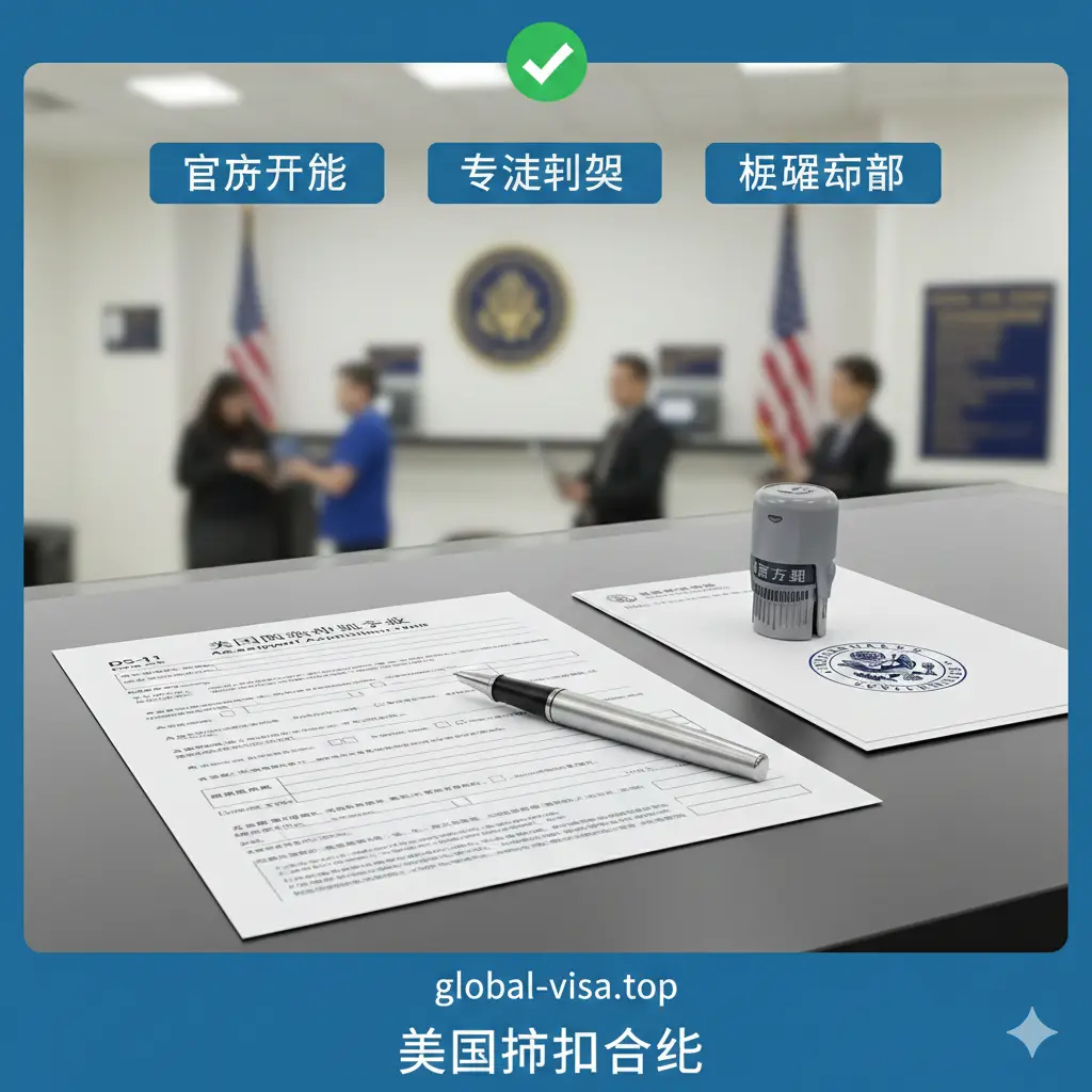 这张功能展示图重点展示‘合法申请’的核心要素。画面中整齐排列着DS-11申请表、一支高级签字笔、以及代表官方身份的印章。背景是模糊处理的美国领事馆或邮局背景,体现官方受理环境。构图简洁明快,光线明亮均匀,强调流程的透明度与规范化,旨在引导用户通过合法渠道进行‘美国护照生成’相关的正式申请。