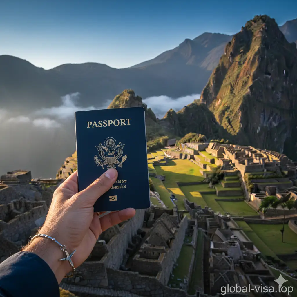 一张大气且富有感染力的封面图。画面左侧近景是一位手持深蓝色美国护照的旅行者,护照细节清晰可见;右侧远景是宏伟的秘鲁马丘比丘遗址在晨曦中的全景。色彩呈现出温暖的金黄色调与深蓝色的对比。构图采用三分法,将现代旅行元素与秘鲁古老文明标志完美融合,整体氛围展现出轻松、自由的免签旅行感,画面中央留有适量留白以便添加标题。