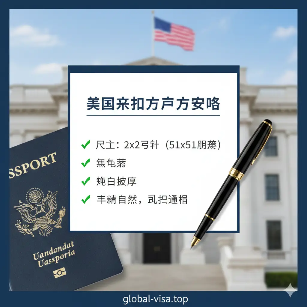 一张精美的总结海报，背景是模糊处理的美国使馆建筑或护照封面。画面中央是一个清晰的核对清单（Checklist），列出了尺寸、无眼镜、白背景、表情自然等核心要点。清单旁有一支高端钢笔，象征准备就绪。整体构图平衡，色彩沉稳，使用了Global Visa品牌色调，能够让读者在文章结尾快速复习所有关键信息。