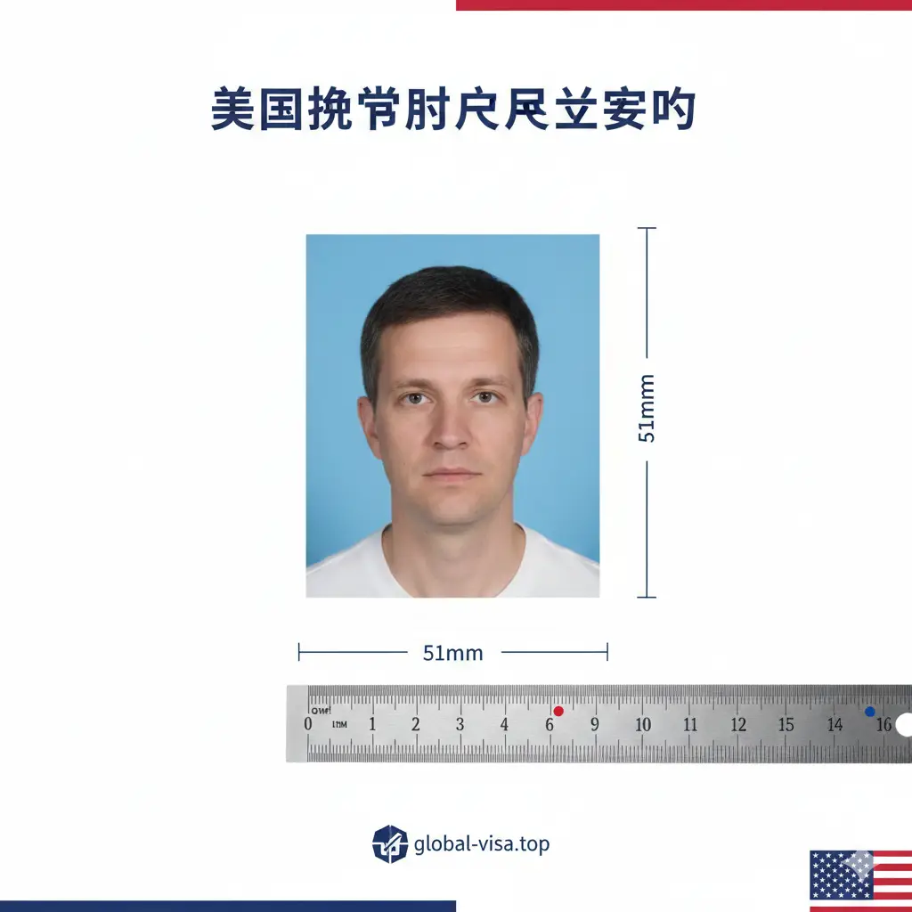 一张高质量、明亮的封面图，展示一张标准的2x2英寸美国护照照片放置在干净的白色背景上。照片中是一位神态自然的成年人，符合美国官方标准的纯白背景。旁边配有专业的银色刻度尺精准测量51mmx51mm的边长。整体风格极简且专业，色彩以白色、深蓝色和美国国旗的红蓝点缀为主，营造出权威、正式的签证服务氛围。