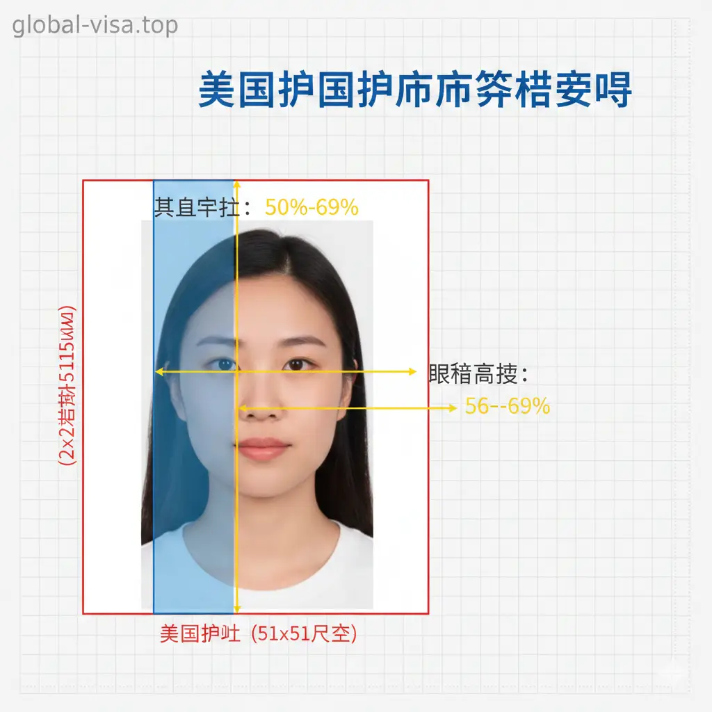一张展示美国护照照片详细尺寸要求的示意图。图中包含一张女性的证件照示例，上方覆盖有半透明的几何参考线，精确标注出头部占比（50%-69%）以及眼睛的高度定位。背景采用浅灰色的网格线，具有强烈的技术感和指导性。文字标注清晰，色彩对比鲜明，重点突出2x2英寸的核心规格，适合放在网站的功能详解区域。