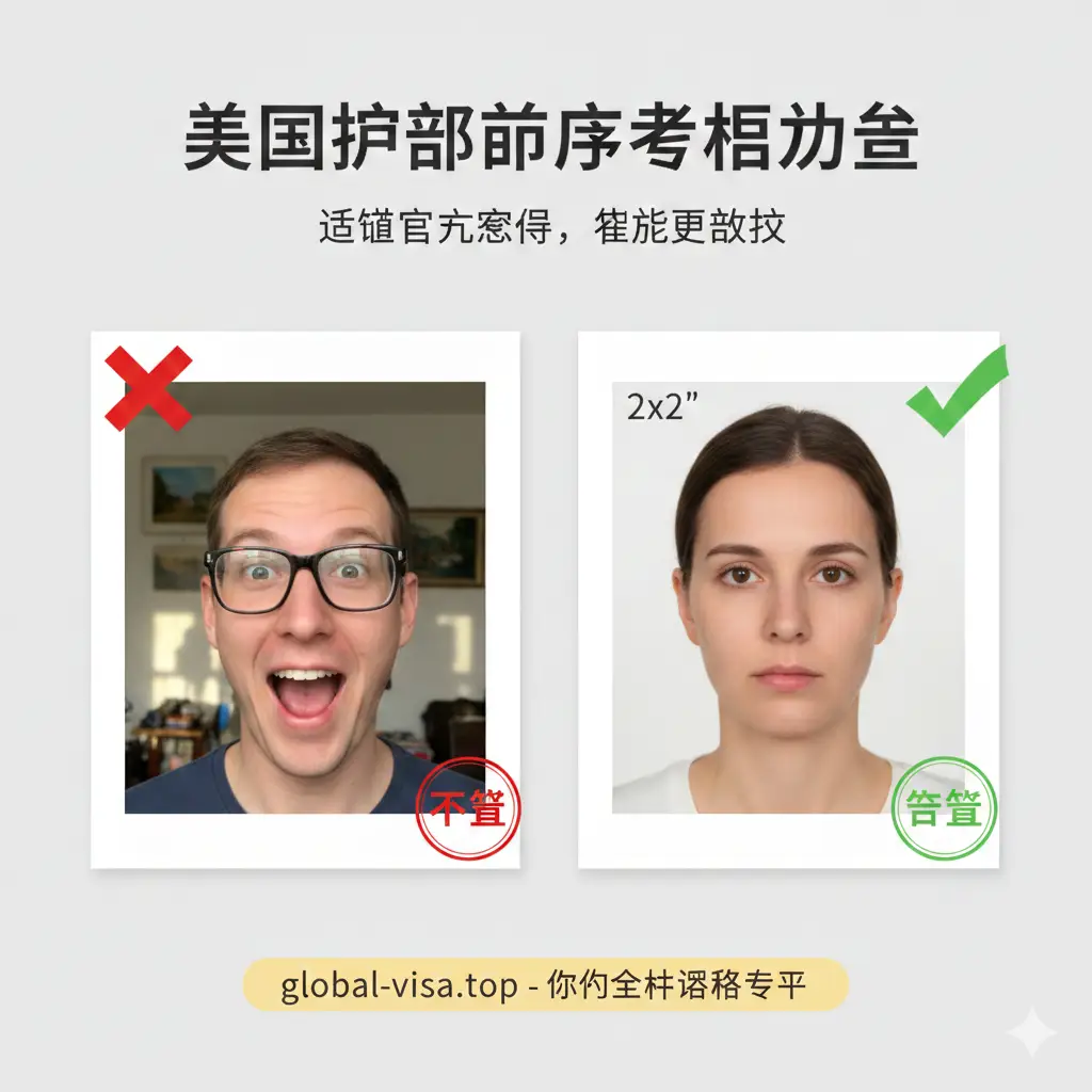 这张优势对比图通过左右对比展示合规的护照照片标准。左侧是错误范例(打上红叉);右侧是完美符合官方要求的2x2英寸照片示例(白底、中性表情、面部比例准确)打上绿勾。风格清新自然,细节丰富,能够直观展示遵循官方标准在‘美国护照生成’过程中的效率优势,避免申请被拒。