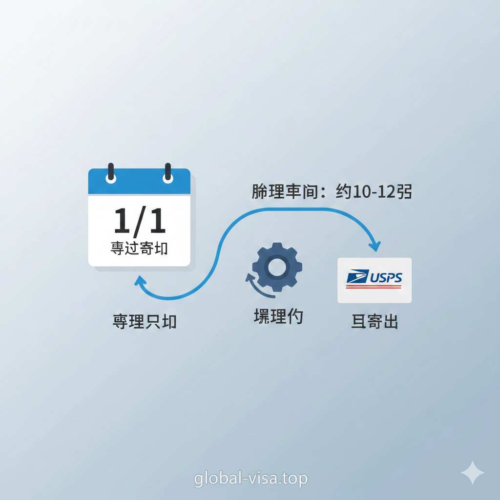 展示美国护照办理时间轴的概念图。画面包含一个标记了日期的日历、一个代表“处理中”的旋转齿轮图标，以及一个带有USPS标志的信封。背景为简洁的浅灰色或淡蓝色渐变。图片风格为现代扁平化设计或微距摄影，旨在直观展示从“受理”到“寄出”的时间跨度和流程节点，帮助用户理解等待周期。