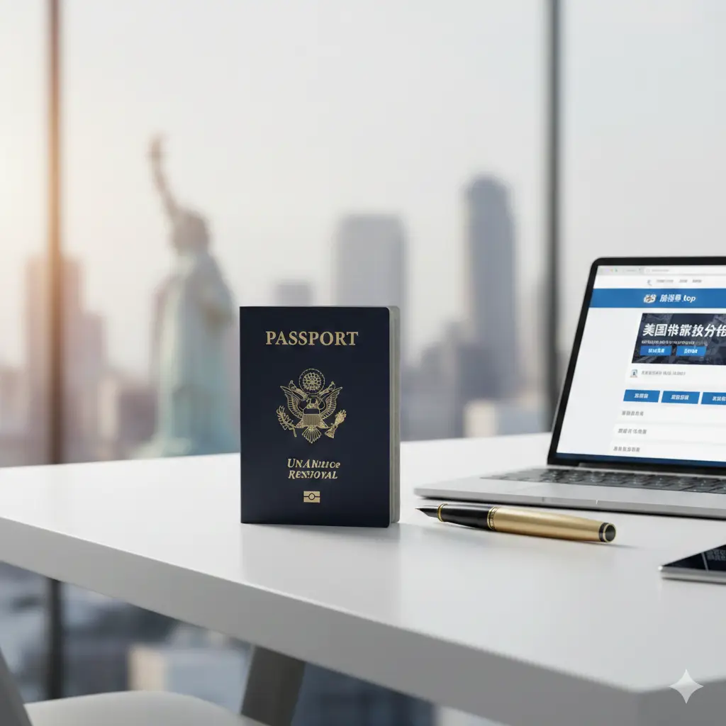 一张高质量、专业感十足的封面图。画面中央是一本深蓝色的美国护照,放置在干净明亮的现代办公桌面上,旁边是一支高档签字笔和一部显示Global-Visa.top网站界面的平板电脑。背景是柔和的模糊城市地标剪影,如自由女神像。光线自然温暖,整体色调以深蓝、白色和金色为主,构图简洁大气,突显出护照换发的权威性与专业性。