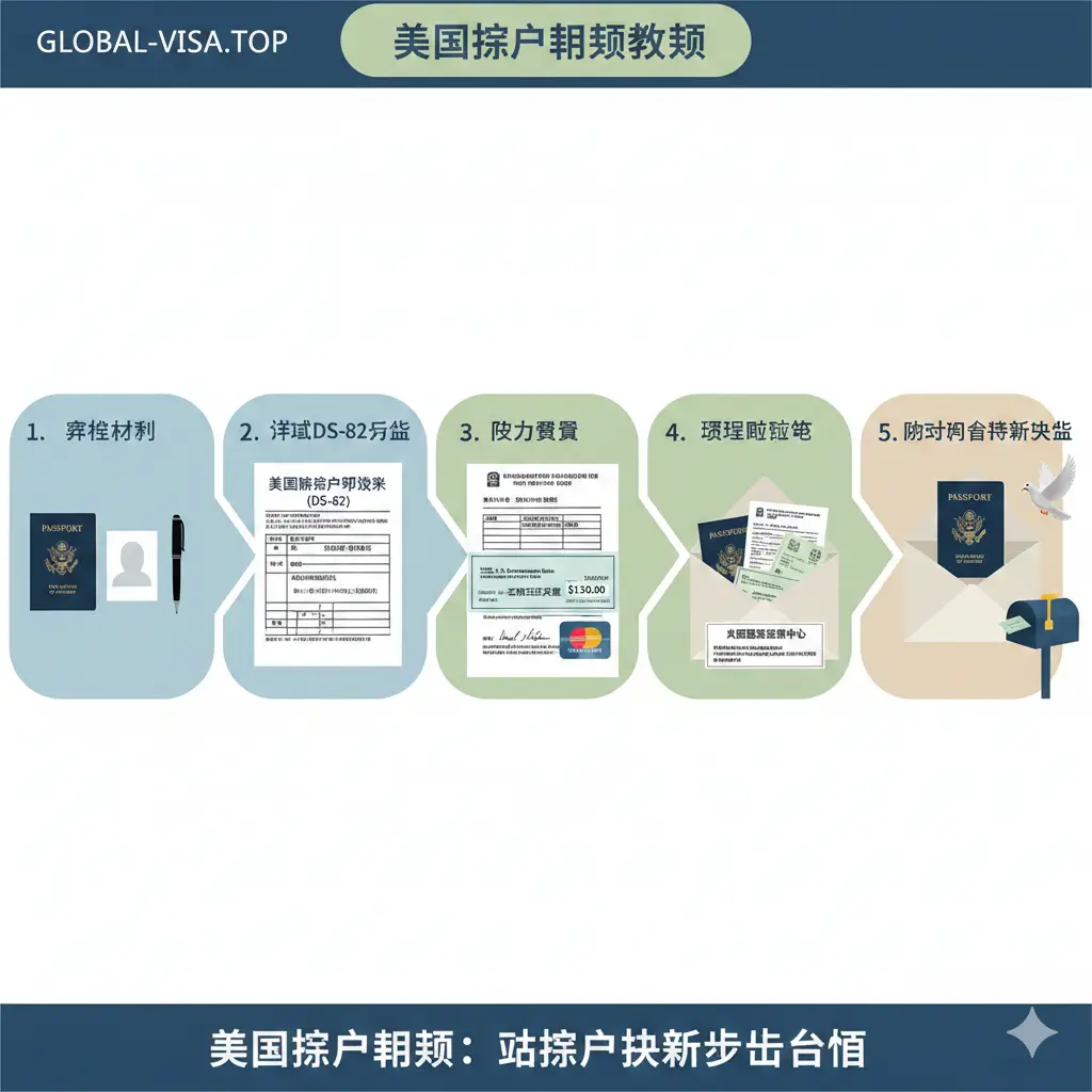 一张高质量且具有专业感的封面图。画面中心是一本深蓝色的美国护照,放置在干净的办公桌面或木质纹理上,旁边配有一支精致的钢笔和一张飞往美国的登机牌。背景微微模糊,隐约可见自由女神像或国会大厦的剪影,营造出国际旅行的氛围。色调以美国护照的深蓝色和金色为主,光线柔和,展示出权威与可信赖感。