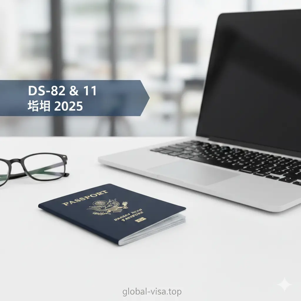 A high-quality, professional cover image featuring a navy blue US passport resting on a clean white desk next to a modern laptop and a pair of reading glasses. The background is a soft-focus office setting with bright, natural lighting. A semi-transparent overlay in the corner displays the text 'DS-82 & DS-11 Guide 2025' in a clean sans-serif font. The composition is a top-down aesthetic view, emphasizing travel readiness and official documentation, with a color palette of patriotic blue, white, and subtle gold accents.
